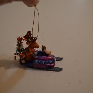 Holiday Ornament Figuring Reign Deer & Penguins on Snow Sled Mix Media Colorful